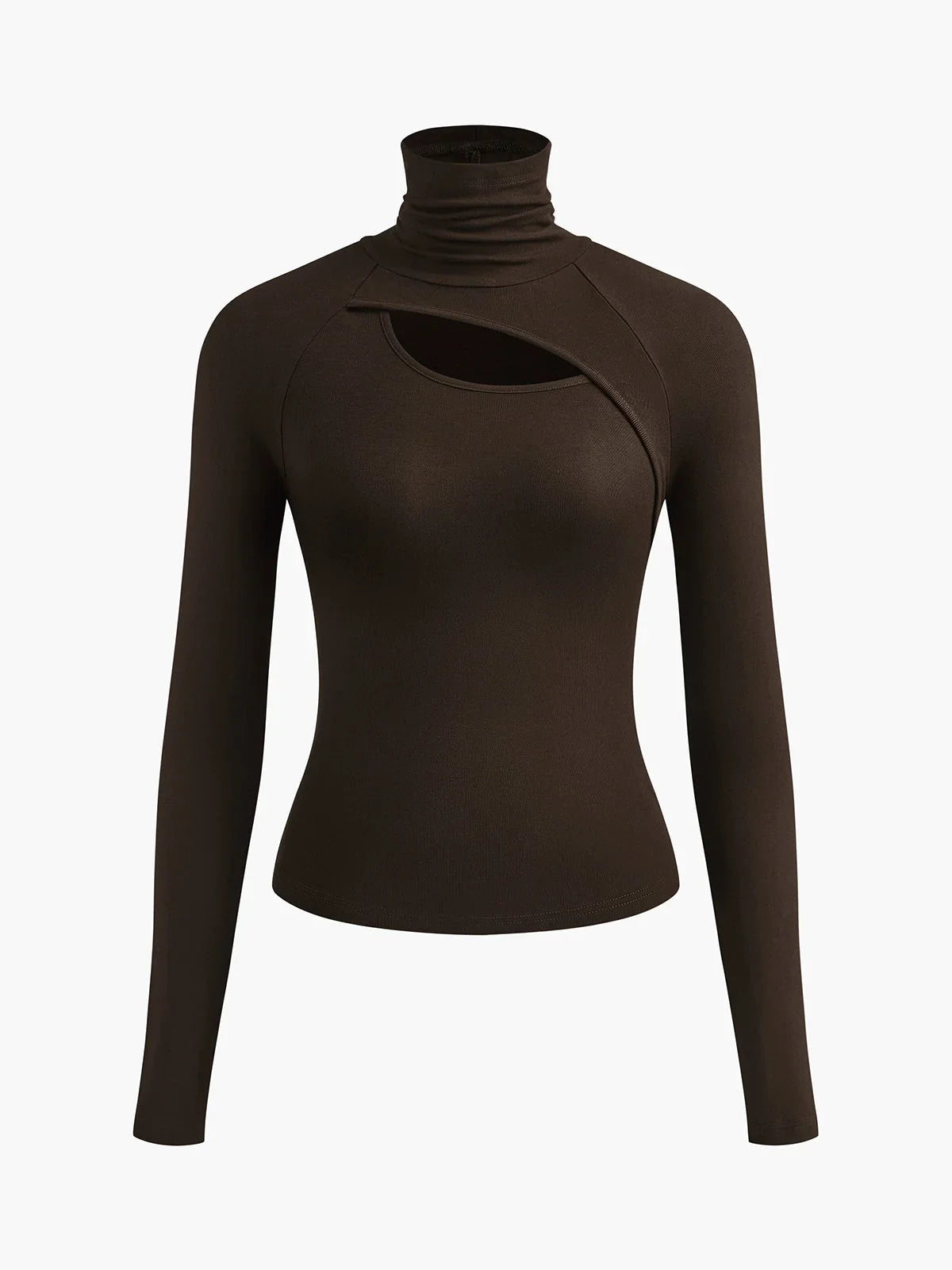 Women's ribbed knit turtleneck fitted top with long-sleeve cut-out design – Brown