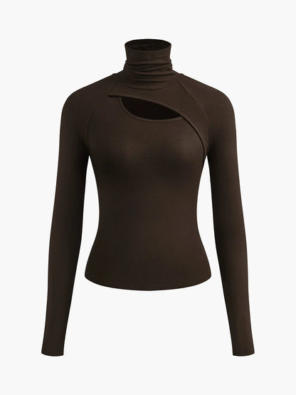 Women's ribbed knit turtleneck fitted top with long-sleeve cut-out design – Brown
