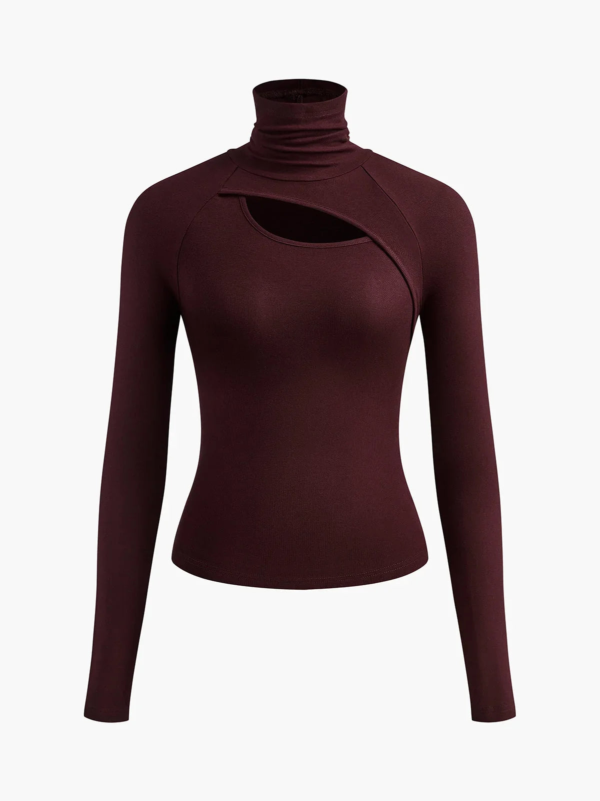 Women's ribbed knit turtleneck fitted top with long-sleeve cut-out design – Burgundy