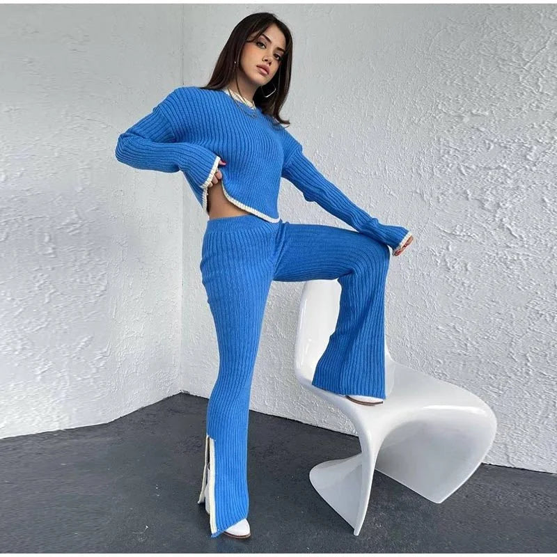 Women's ribbed knit two-piece set with a cropped knit sweater and wide-leg slit trousers