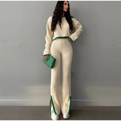 Women's ribbed knit two-piece set with a cropped knit sweater and wide-leg slit trousers
