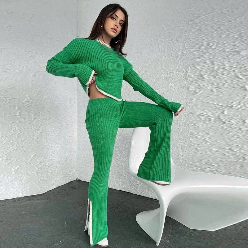 Women's ribbed knit two-piece set with a cropped knit sweater and wide-leg slit trousers – Green