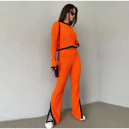 Women's ribbed knit two-piece set with a cropped knit sweater and wide-leg slit trousers – Orange