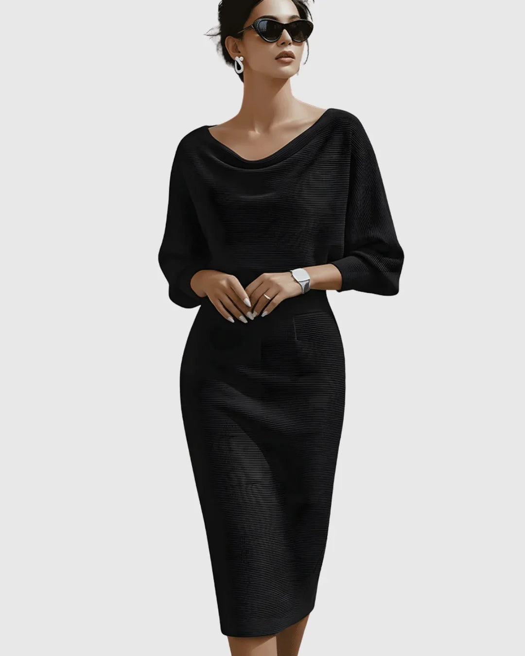Women's ribbed midi dress with cowl-neck and batwing-sleeve