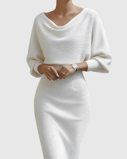 Women's ribbed midi dress with cowl-neck and batwing-sleeve