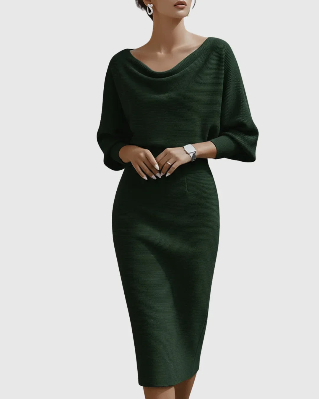 Women's ribbed midi dress with cowl-neck and batwing-sleeve – Army Green
