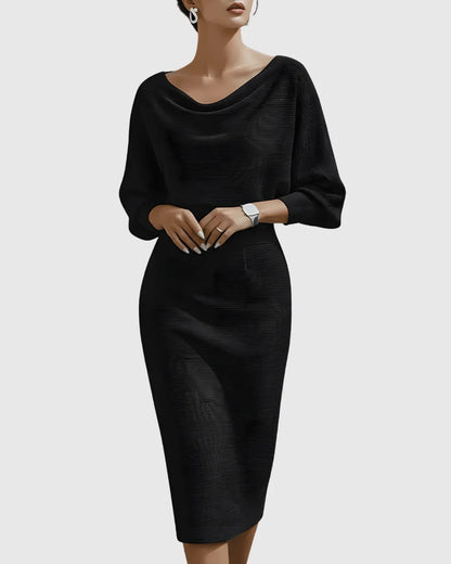 Women's ribbed midi dress with cowl-neck and batwing-sleeve – Black
