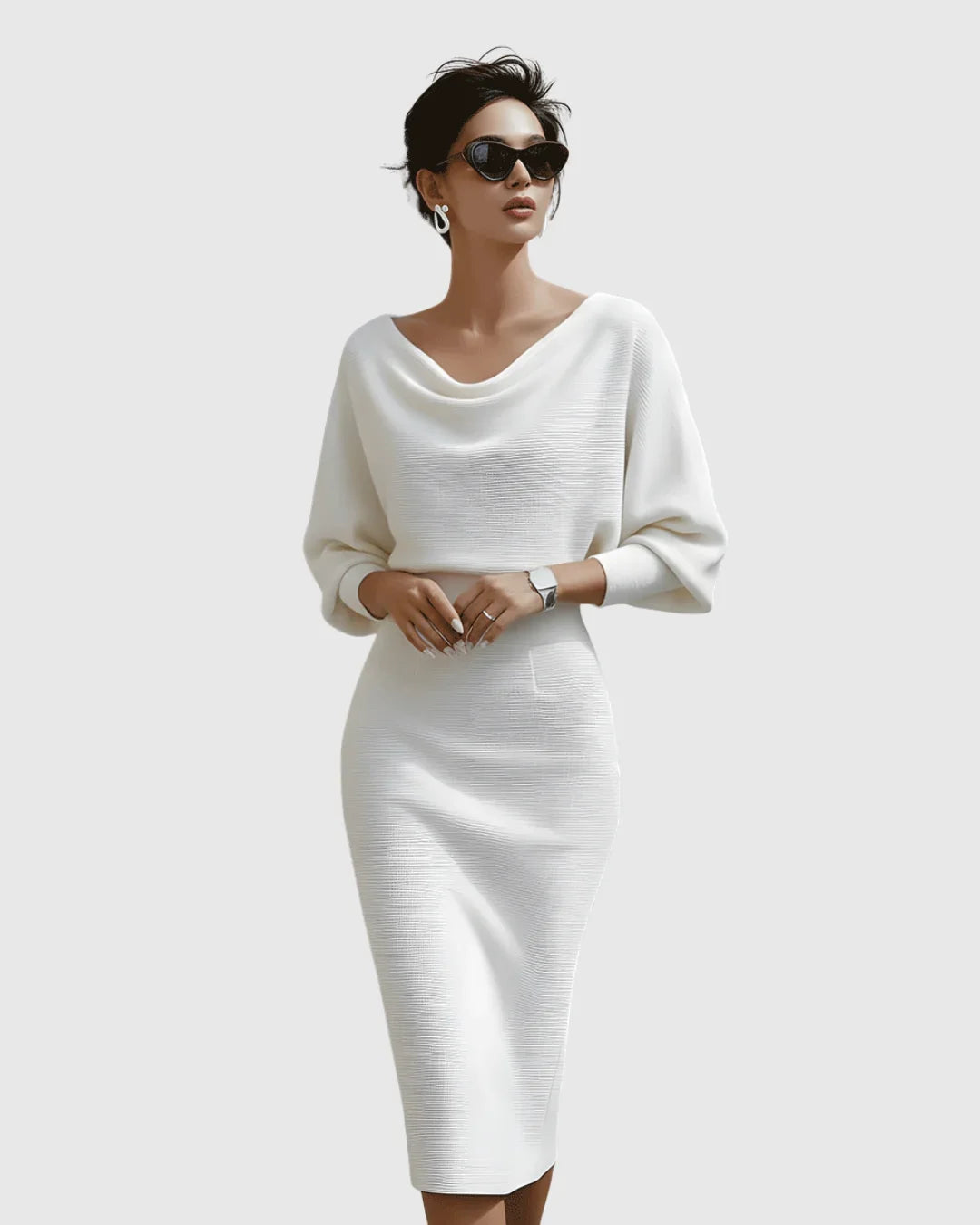 Women's ribbed midi dress with cowl-neck and batwing-sleeve