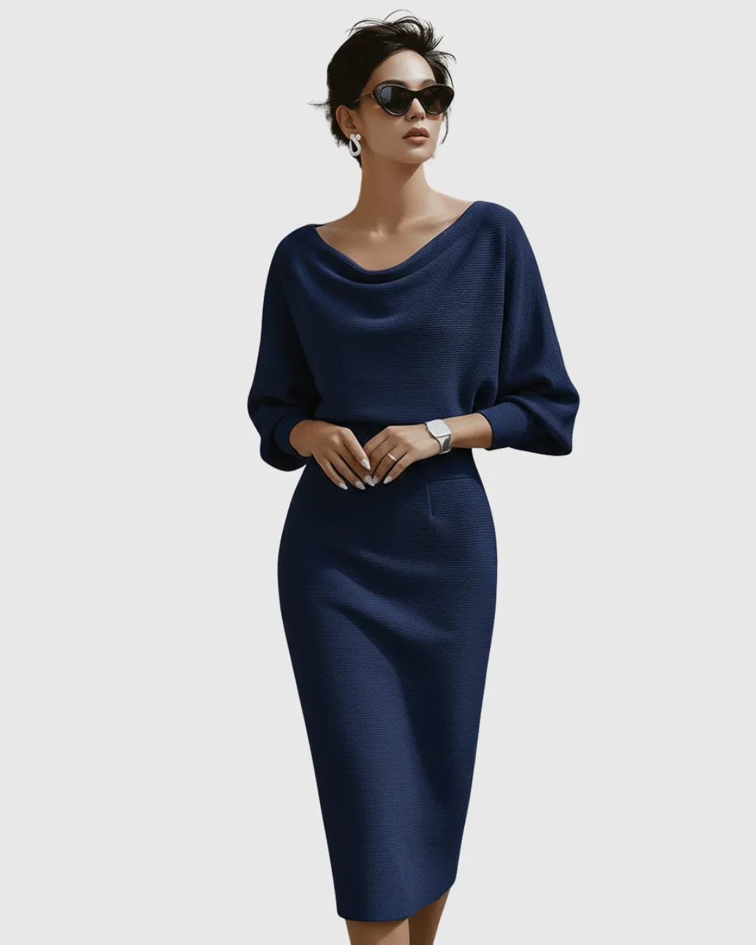 Women's ribbed midi dress with cowl-neck and batwing-sleeve