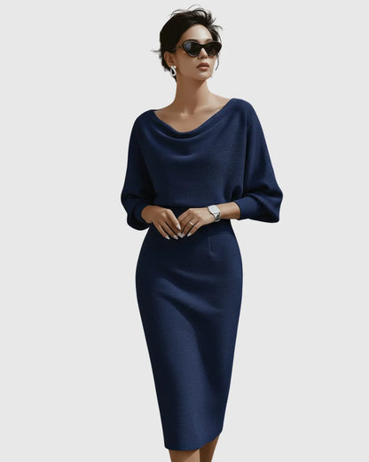 Women's ribbed midi dress with cowl-neck and batwing-sleeve