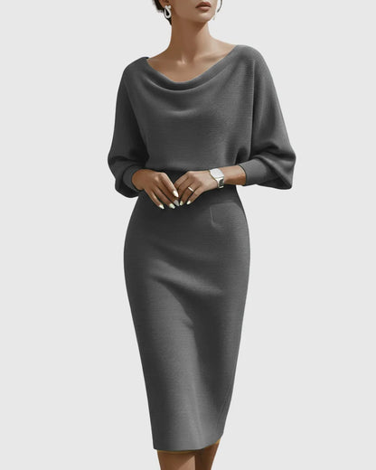 Women's ribbed midi dress with cowl-neck and batwing-sleeve – Grey