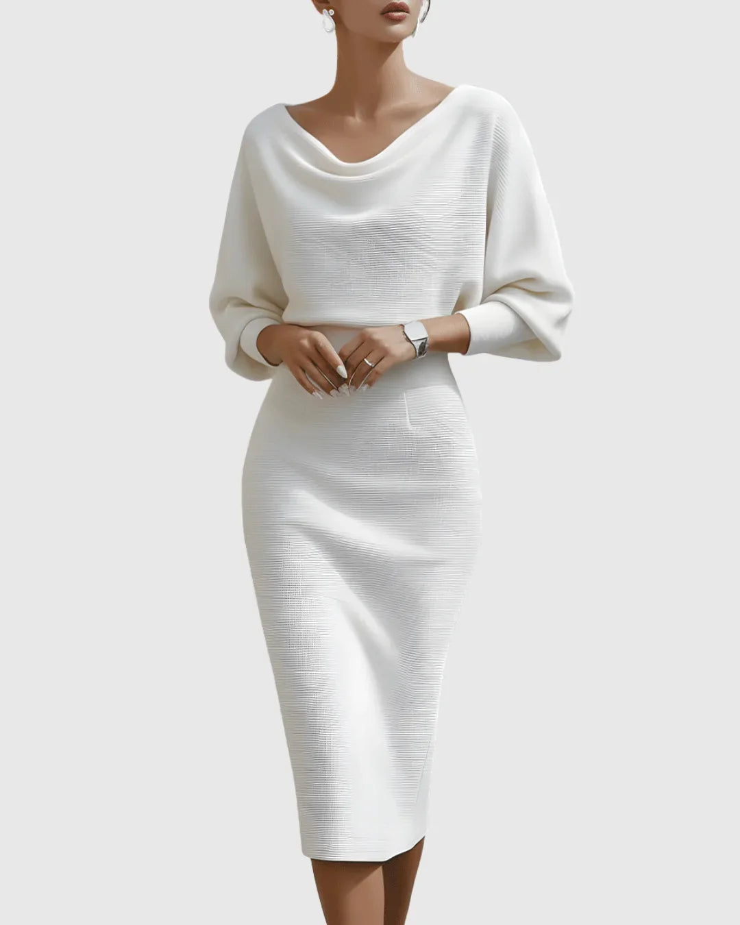 Women's ribbed midi dress with cowl-neck and batwing-sleeve – White