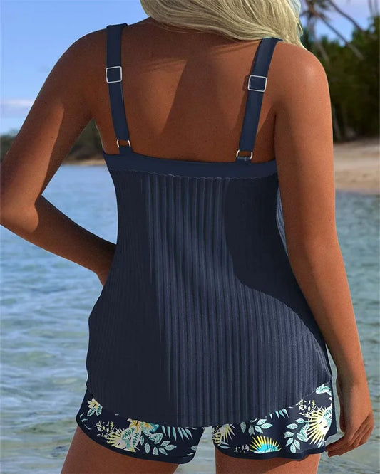 Women's ribbed tankini with tie-front sweetheart neck and floral shorts