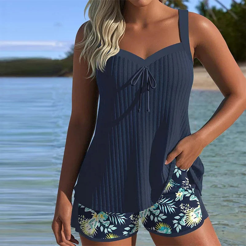 Women's ribbed tankini with tie-front sweetheart neck and floral shorts – Navy Blue