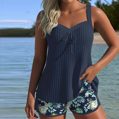Women's ribbed tankini with tie-front sweetheart neck and floral shorts – Navy Blue