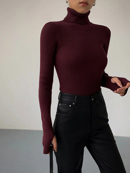 Women's ribbed turtleneck lightweight knit sweater