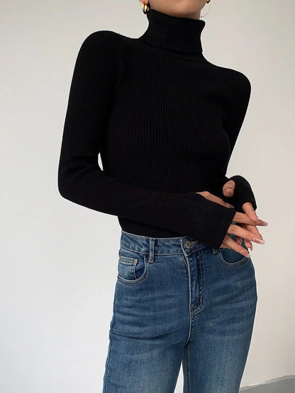 Women's ribbed turtleneck lightweight knit sweater – Black