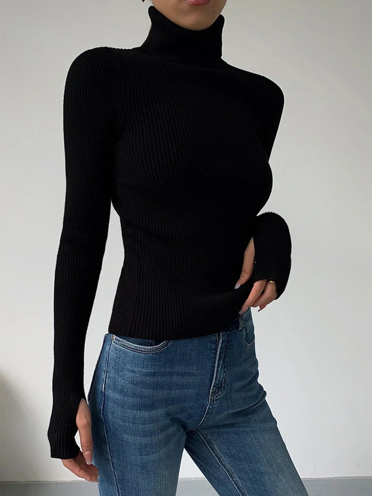 Women's ribbed turtleneck lightweight knit sweater