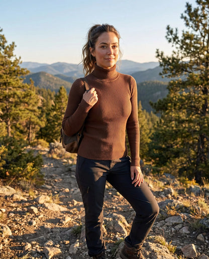 Women's ribbed turtleneck lightweight knit sweater – Dark Brown