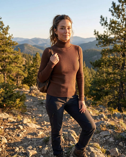 Women's ribbed turtleneck lightweight knit sweater – Dark Brown