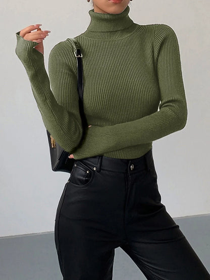 Women's ribbed turtleneck lightweight knit sweater – Green