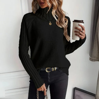 Women's ribbed turtleneck sweater relaxed raglan pullover – Black