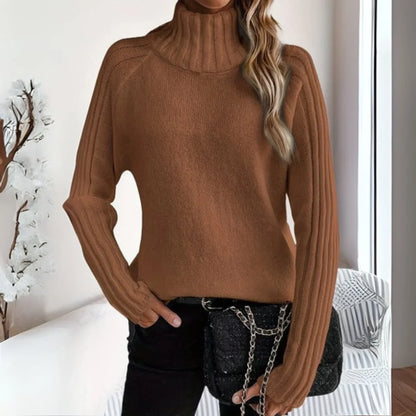 Women's ribbed turtleneck sweater relaxed raglan pullover – Brown
