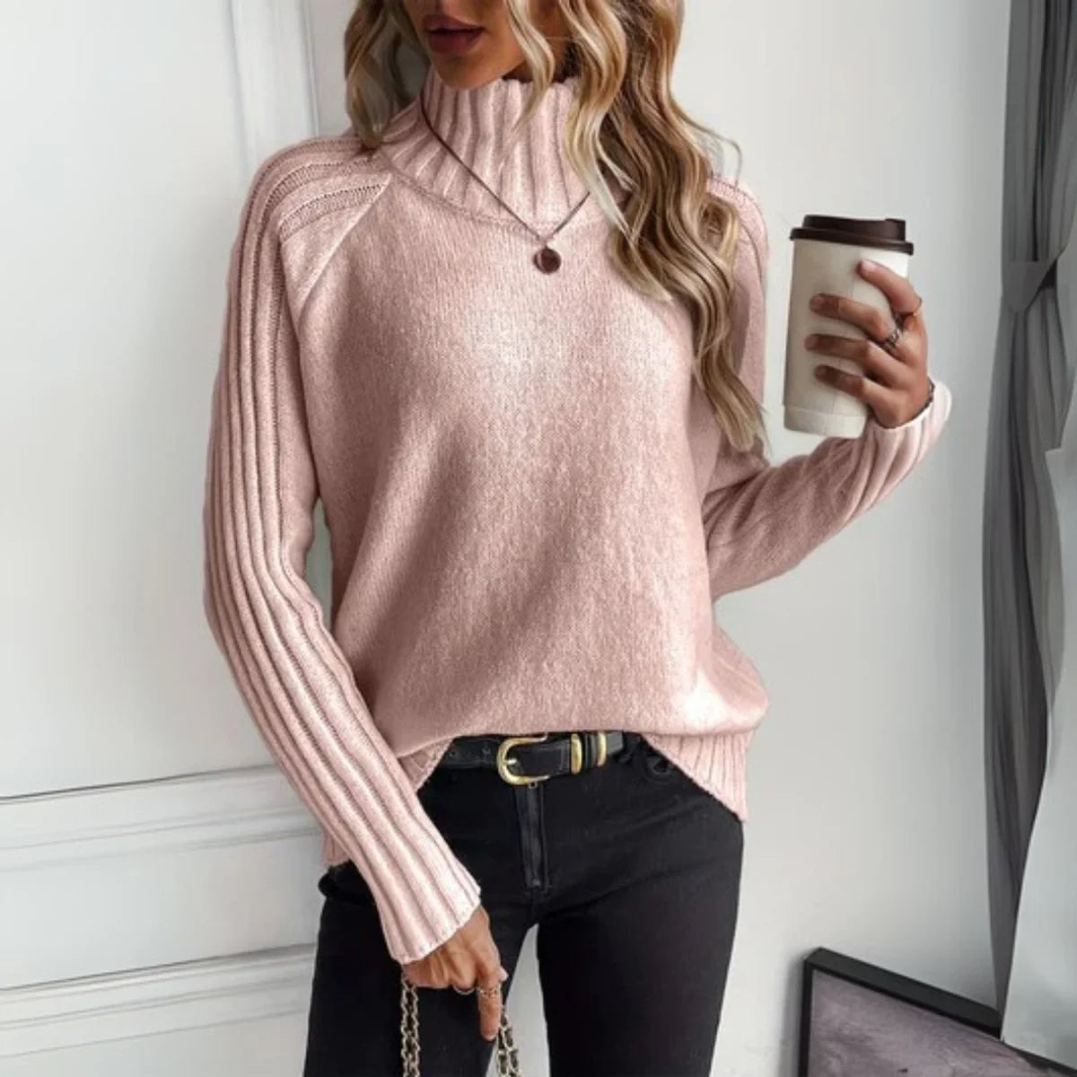 Women's ribbed turtleneck sweater relaxed raglan pullover – Pink