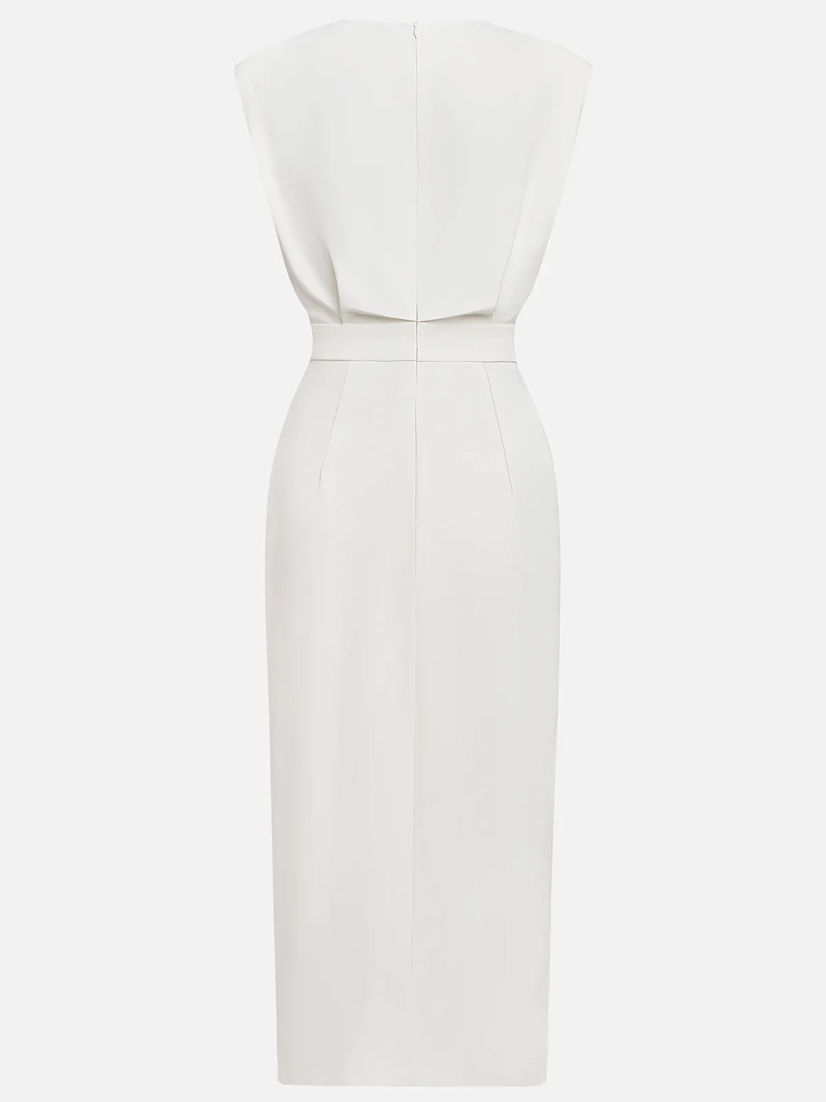 Women's round neck midi dress with padded cap sleeves, side buttons and slit
