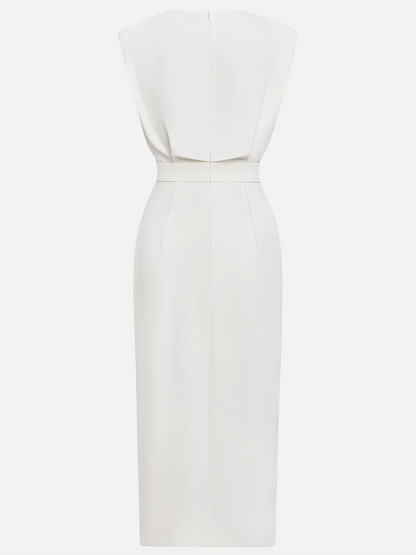 Women's round neck midi dress with padded cap sleeves, side buttons and slit