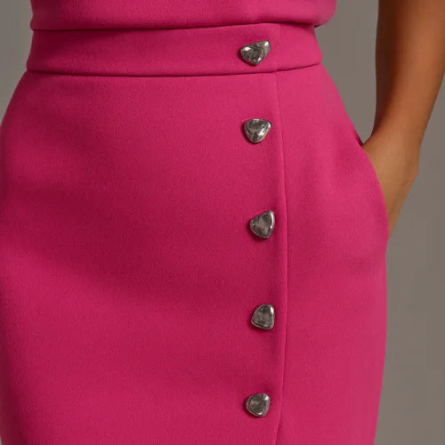 Women's round neck midi dress with padded cap sleeves, side buttons and slit