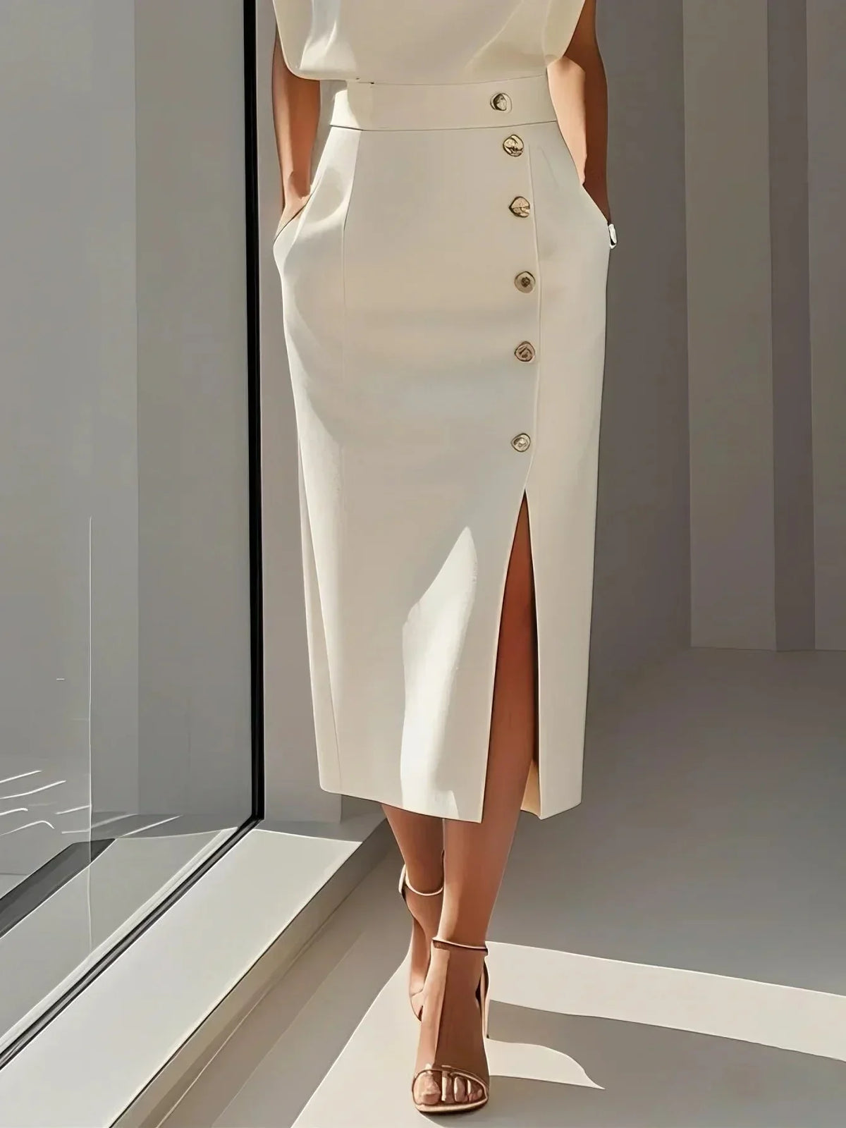 Women's round neck midi dress with padded cap sleeves, side buttons and slit