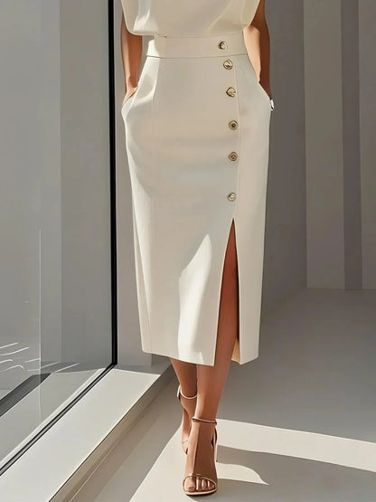 Women's round neck midi dress with padded cap sleeves, side buttons and slit