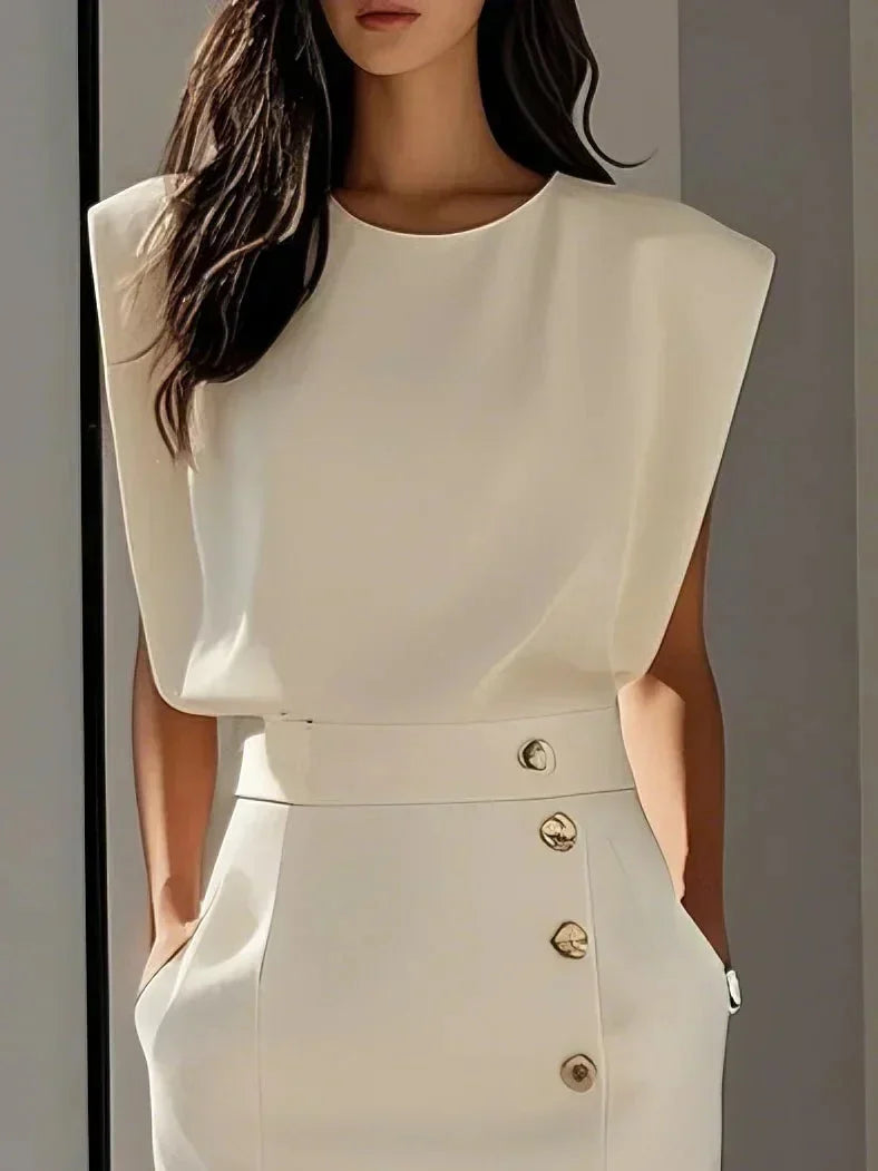Women's round neck midi dress with padded cap sleeves, side buttons and slit