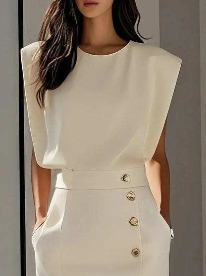 Women's round neck midi dress with padded cap sleeves, side buttons and slit