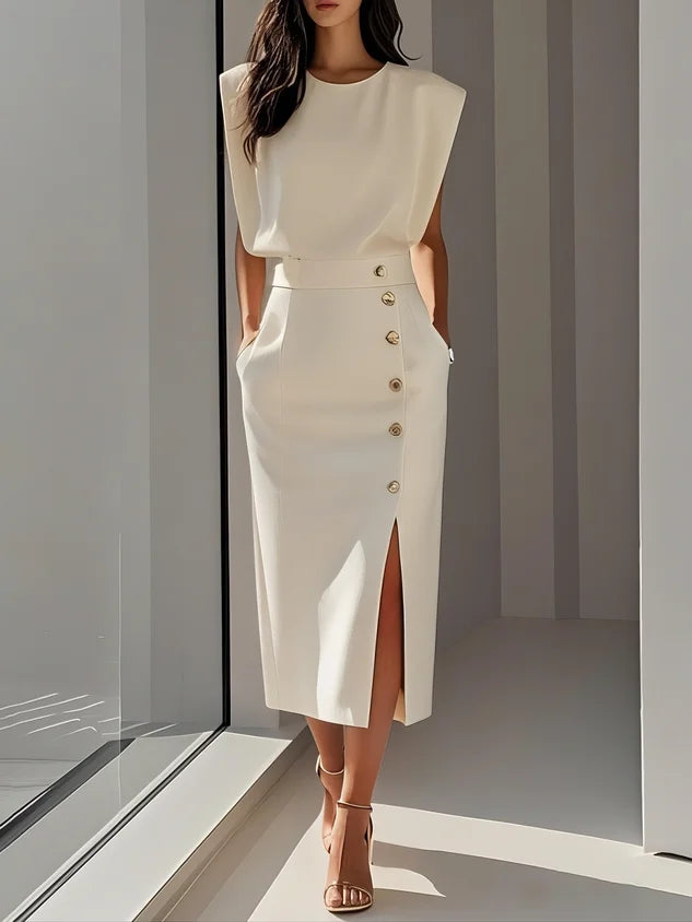 Women's round neck midi dress with padded cap sleeves, side buttons and slit – Beige