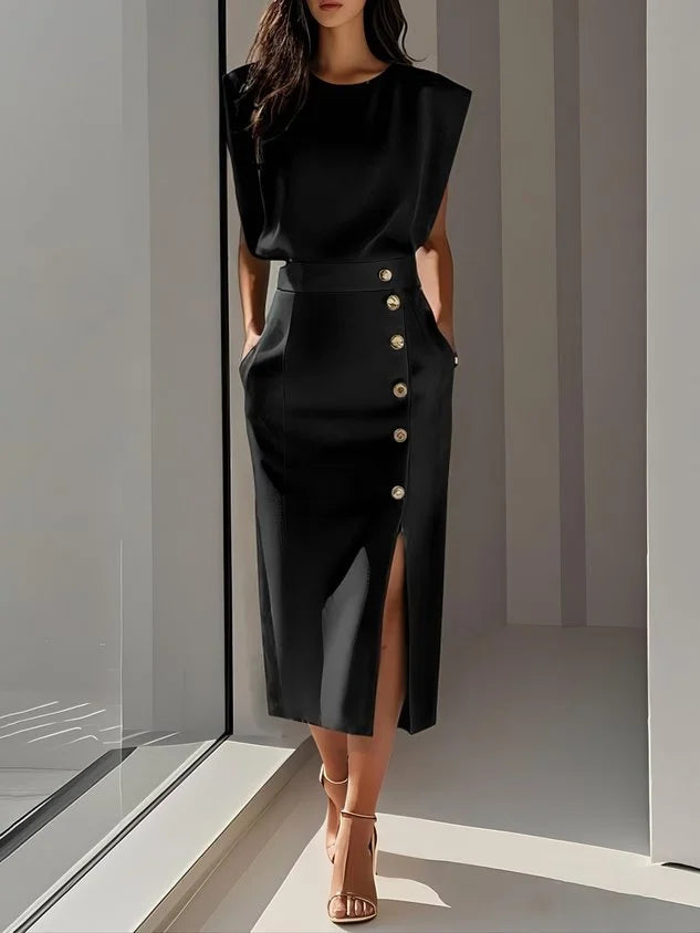 Women's round neck midi dress with padded cap sleeves, side buttons and slit – Black
