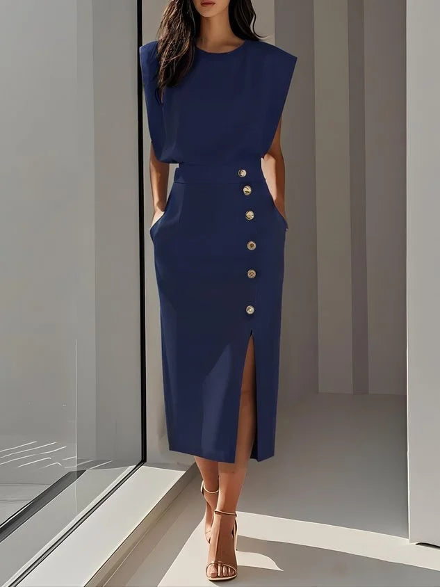 Women's round neck midi dress with padded cap sleeves, side buttons and slit – Blue
