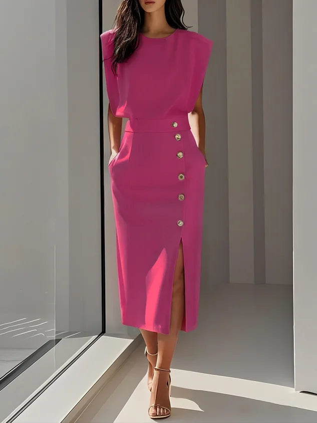 Women's round neck midi dress with padded cap sleeves, side buttons and slit – Bright Pink