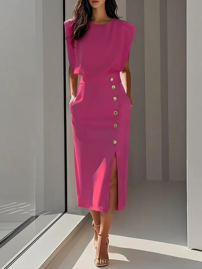 Women's round neck midi dress with padded cap sleeves, side buttons and slit – Bright Pink