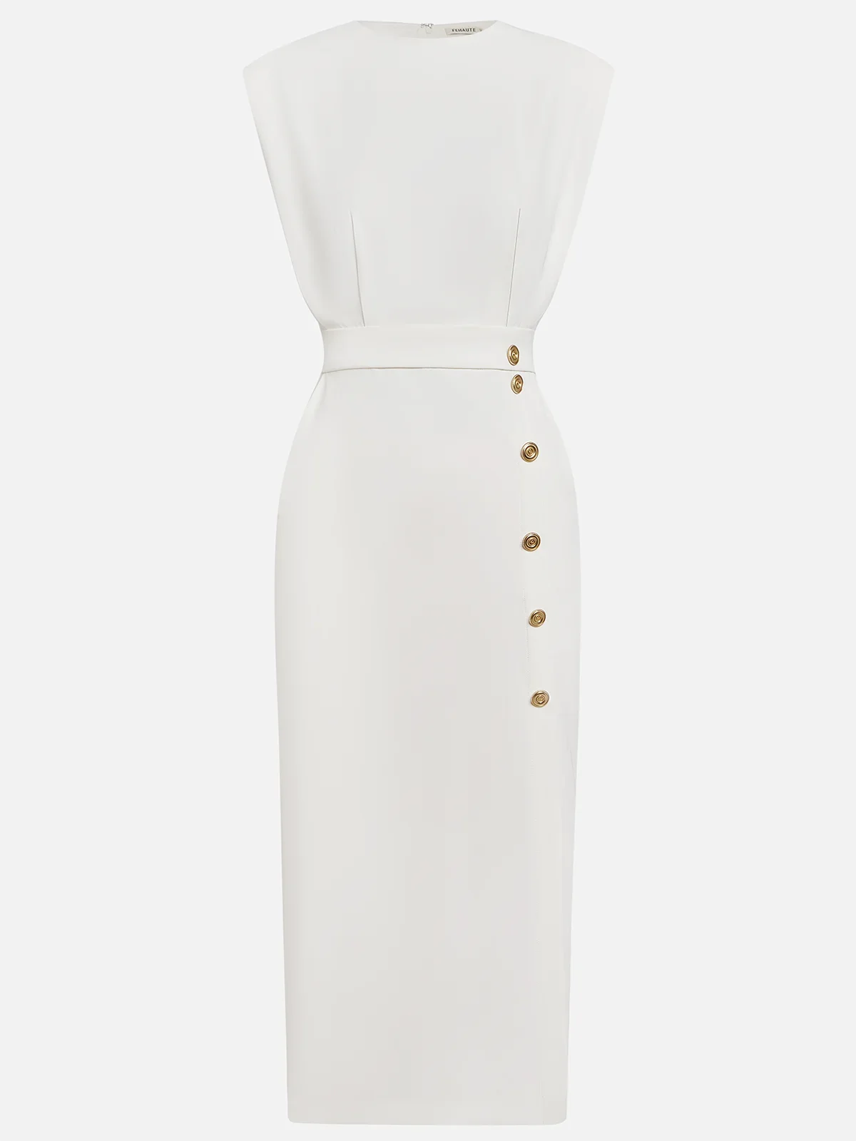 Women's round neck midi dress with padded cap sleeves, side buttons and slit