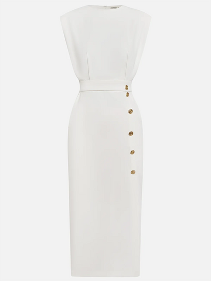 Women's round neck midi dress with padded cap sleeves, side buttons and slit