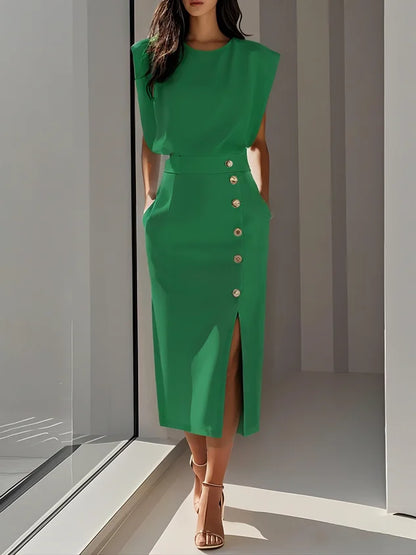 Women's round neck midi dress with padded cap sleeves, side buttons and slit – Green