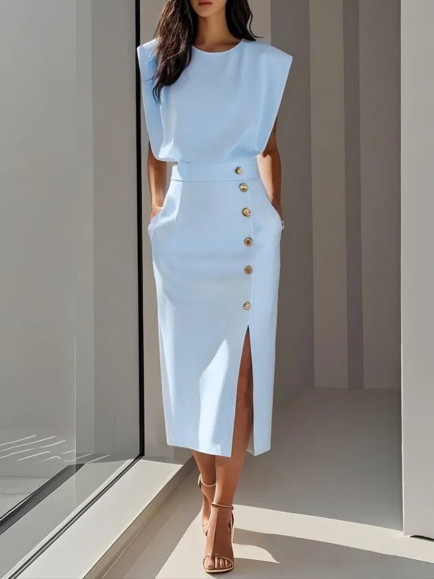 Women's round neck midi dress with padded cap sleeves, side buttons and slit – Light Blue