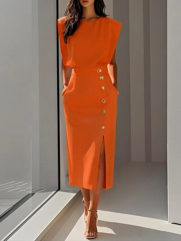 Women's round neck midi dress with padded cap sleeves, side buttons and slit – Orange