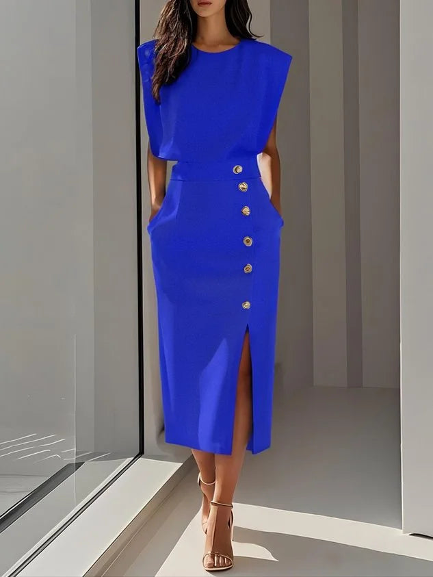 Women's round neck midi dress with padded cap sleeves, side buttons and slit – Royal Blue