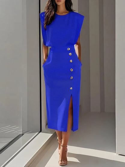 Women's round neck midi dress with padded cap sleeves, side buttons and slit – Royal Blue