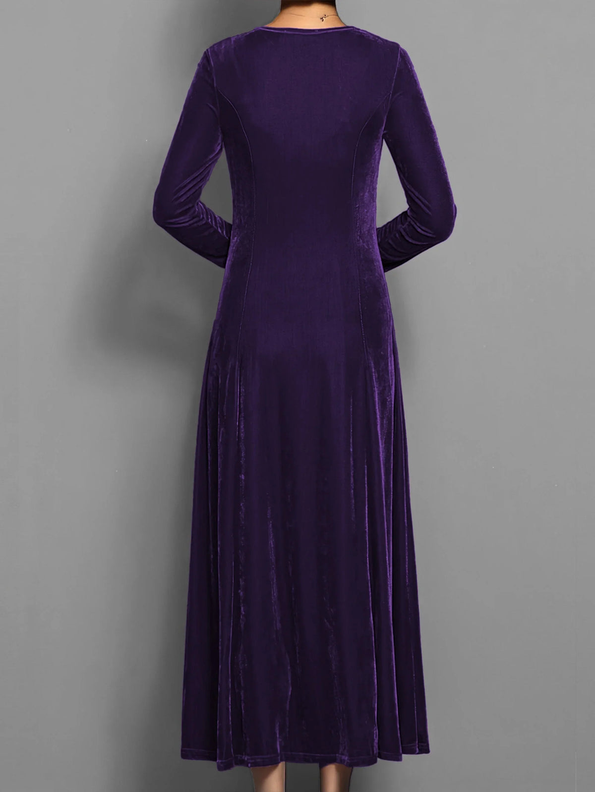 Women's velvet A-line midi dress with long-sleeve round-neck