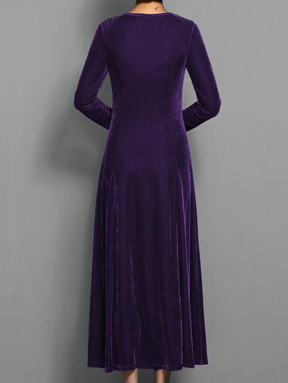 Women's velvet A-line midi dress with long-sleeve round-neck