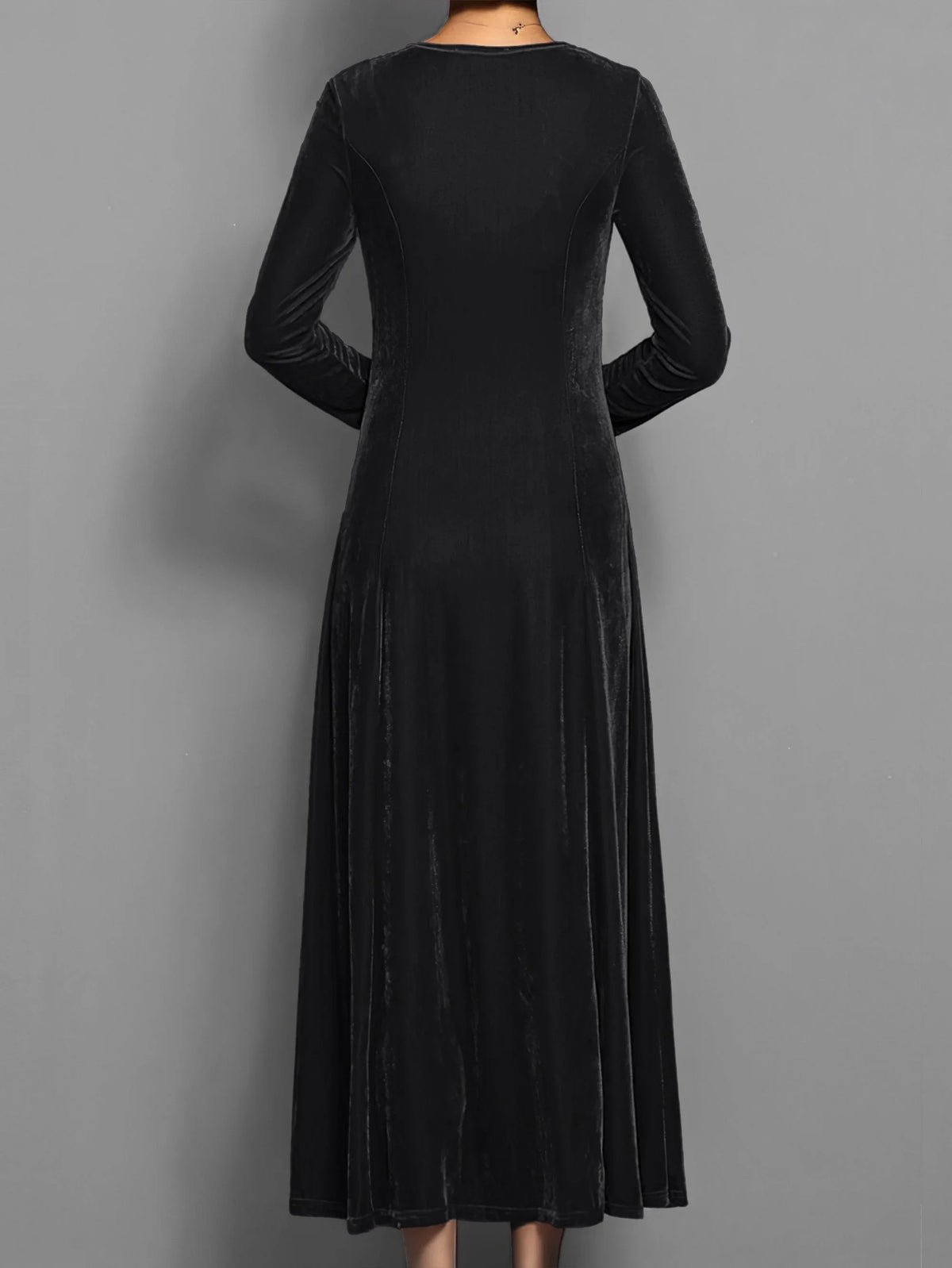 Women's velvet A-line midi dress with long-sleeve round-neck